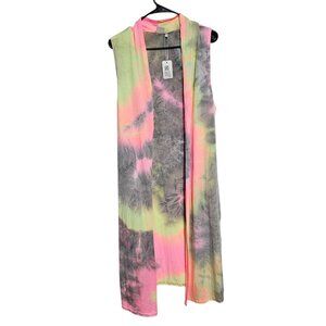 Tie Dye Sleeveless Open Front Long Vest Cardigan Womens Size O/S Retro Boho